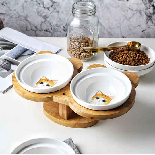 Ceramic Cat Bowl, Bamboo & Wood Pet Shelf with Double Tall Footed Bowl-Orange Cat