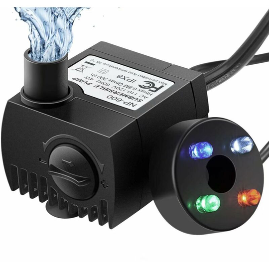 Aquarium Pump with 4 Colorful led Lights, 300L/H Water Pump Resists Dry Burning (48 Hours), Pond Pump for Fish Tank, Pond, Fountain, Garden No Noise