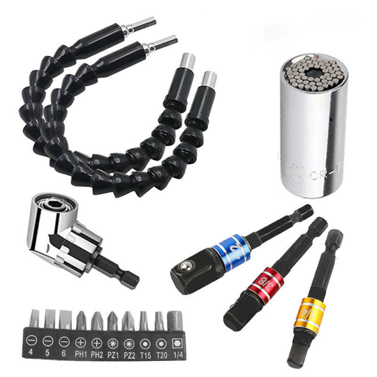 Muff - Drill Bit Extensions Hex Shank Bit Nut Drive Bit Set, 2-Piece Bendable Drill Bit Extensions, 3-Piece 1/4 3/8 1/2' Universal Socket Adapter