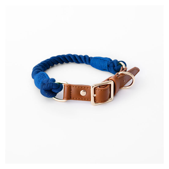 Premium Cotton Rope Dog Collar with Stainless Steel Pin Buckle Genuine Leather Collar(M,navy blue)