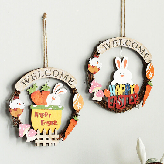 Home Easter Decorations Wooden Rabbit Easter Egg Wreath Pendant Wall Hanging Door Hanging Letters