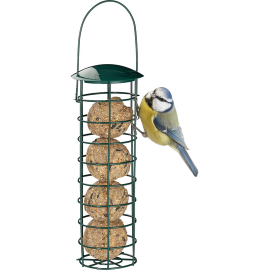Hanging Bird Fat Ball Holder, Wild Bird Feeder, Silo with Roof, Iron, 31 cm, Dark Green - Relaxdays