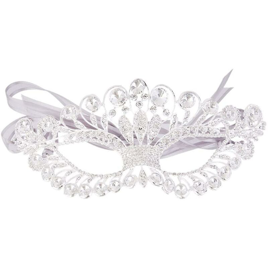Rhinestone Mask, Masquerade Mask Silver, Crystal Eye Mask, with White Ribbon Tie