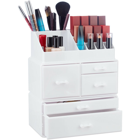 Relaxdays - Makeup Organizer wit 21 Compartments, Cosmetic Tower for Lipstick, Nail Polish, Makeup Tray, White