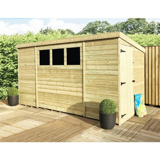 9 x 7 Pressure Treated Tongue And Groove Pent Shed With 3 Windows And Side Door + Safety Toughened Glass