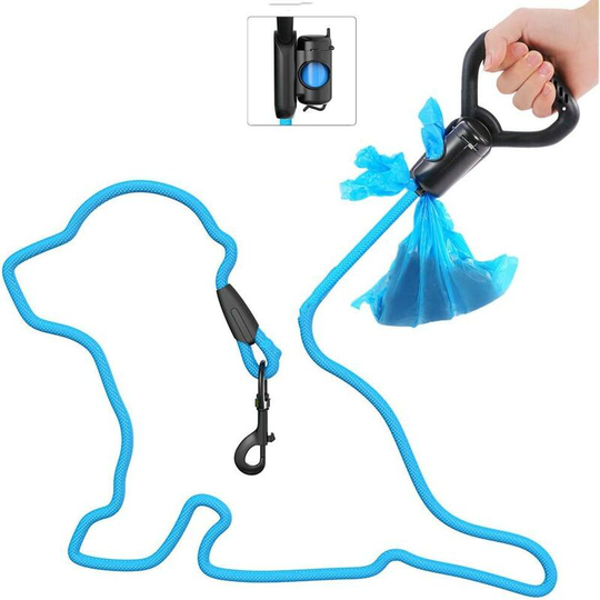 Bearsu - Dog Leash, Rope Dog Leash with Silicone Handle, Dispenser and Garbage Bags (15pcs) for Dogs, Rope Leash for All Size Dogs(Blue)