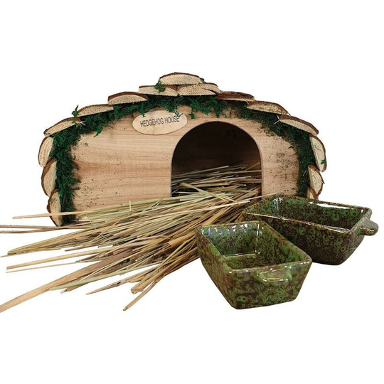 Wooden Hedgehog House With Ceramic Food & Water Dish Set & Nesting Straw