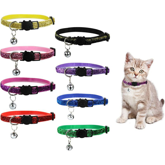 Modou - Reflective Cat Collar with Polished Bell and Secure Buckle, 8-Piece Kitten Collar with 12-32cm Adjustable Safety Strap, Durable Cat Collars