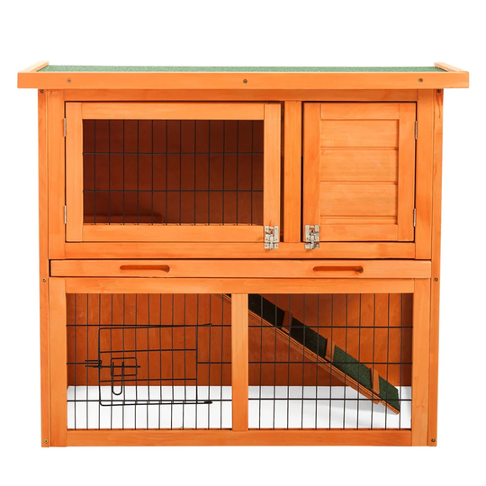2-Tier Rabbit Hutch Guinea Pig House Cage, Wooden Animal House Shelter Waterproof Roof, Ladder, Removable Tray, Orange