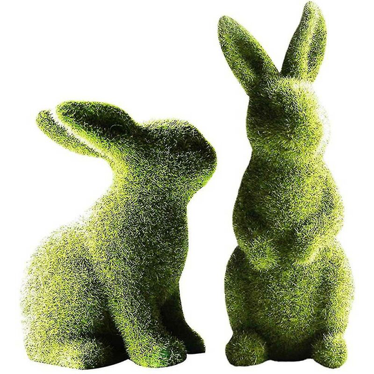 FVO - 2pcs Green Flocked Rabbit Resin Rabbit Bunny Easter Ornaments Decoration Garden Sculptures,
