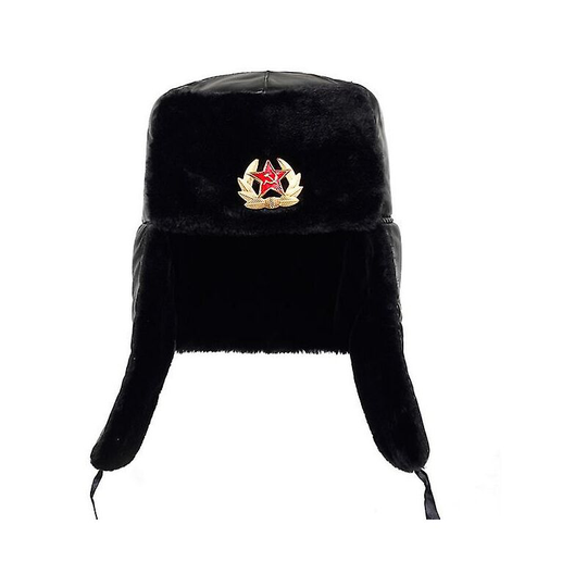 Soviet Army Military Badge Russia Ushanka Bomber Hats Pilot Trapper Trooper Hat Winter Faux Rabbit Fur Earflap Men Snow Caps - black