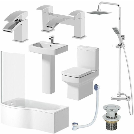 Affine - Complete Bathroom Suite lh Shower Bath Toilet Basin Pedestal Shower Taps Square - White