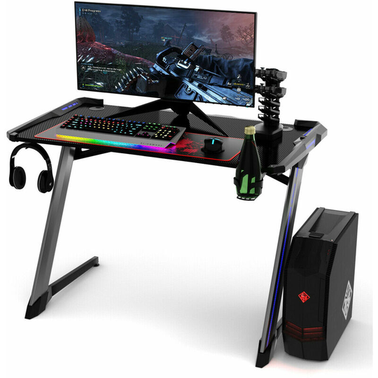 Gaming Computer Desk with usb Game Handle Rack, rgb led Lights, Mouse Pad and Cup Headphone Holders, Ergonomic pc Racing Table Study Work