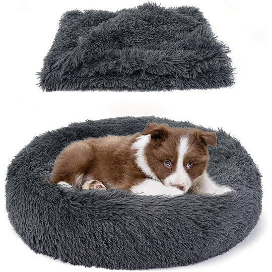 Briday - Bundle Savings - The Original Calming Shag Donut Cuddler Dog Bed in Small 24'x 24' and Pet Throw Blanket in 28'x 36', Dark grey
