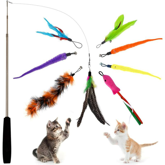Cat Kitten Toys for Indoor Cats Training, Interactive Cat Feather Toys with Retractable Teaser Wand, 8 Pcs Feather Refi