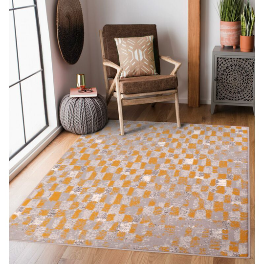 Modern Poly Kubic Geometric Abstract Mouse Grey Mustard Rug Floor Mat Carpet Small 80 x 150 cm (2'6"x5'0")