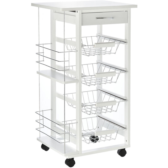 HOMCOM Multi-Use Kitchen Island Trolley Baskets Side Racks Drawer Worktop White - White
