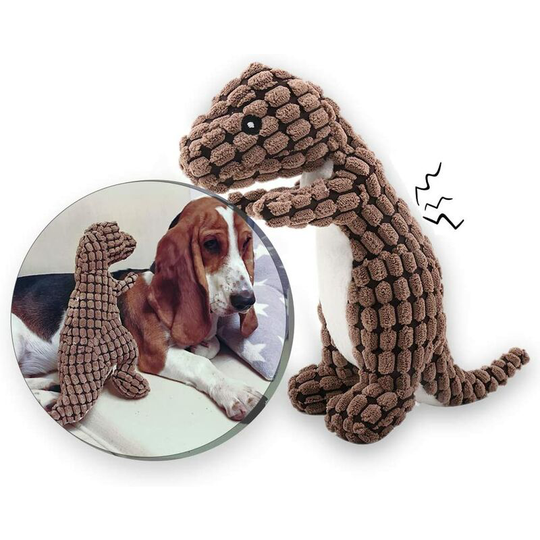 Durable crooked ribbed dog toy with brown dinosaur-shaped plastic ring