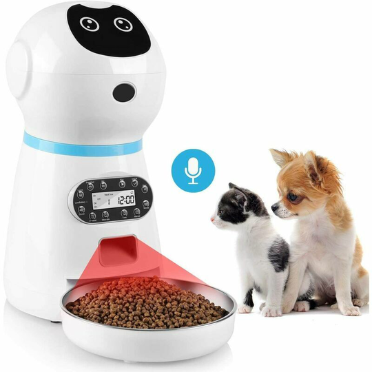 Qersta - Automatic Cat Food Dispenser, 3.5 l Food Dispenser with Voice Recording, lcd Display, 4 Meals for Cats and Dogs, Battery or Mains Power
