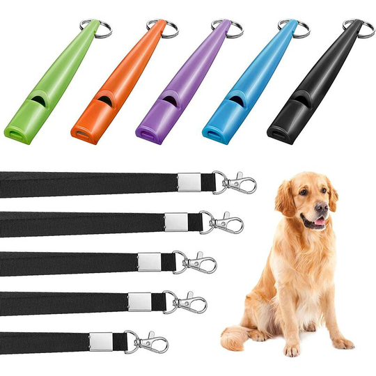 5 Pieces High Pitch Plastic Dog Whistles for Recall Training, Dog Training Whistle with Lanyards and Key Rings (Black)