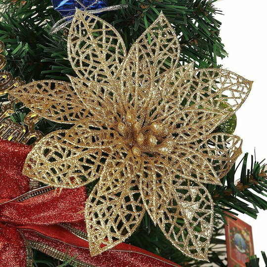 Monly - 12 Packs of Glitter Poinsettia Christmas Tree Ornaments, 5.5' Wide Flower Christmas Decorations for Christmas Tree Garlands Holiday Seasonal