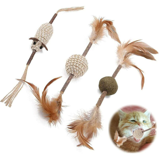 3 Cat Chew Sticks Catnip Ball with Stick Cat Mint Ball Toy Mouse Sisal for Cat Kitten Teaser Toys Cat Chew Interactive Toys