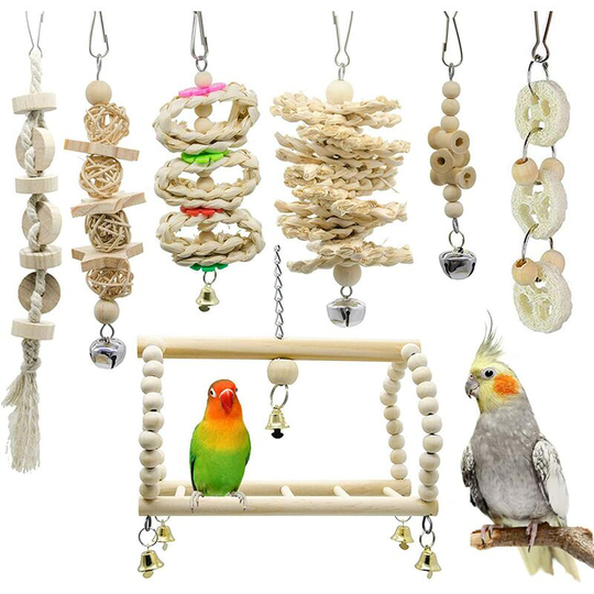 Litzee - 7 Packs Bird Toy Bird Parrot Swing Chewing Toys- Natural Wood Hanging Bell Bird Cage Toys Suitable for Small Parakeets, Cockatiels, Conures,