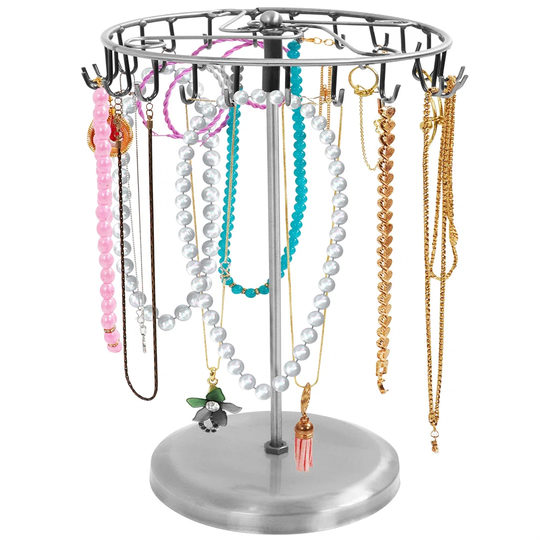 Silver Metal Rotating Jewellery Holder Display Stand (23 Hooks) - H34.8 X W20.5Cm / 13.70 X 8.07 Inches - Hanging Organiser Tower Rack - Storage For N