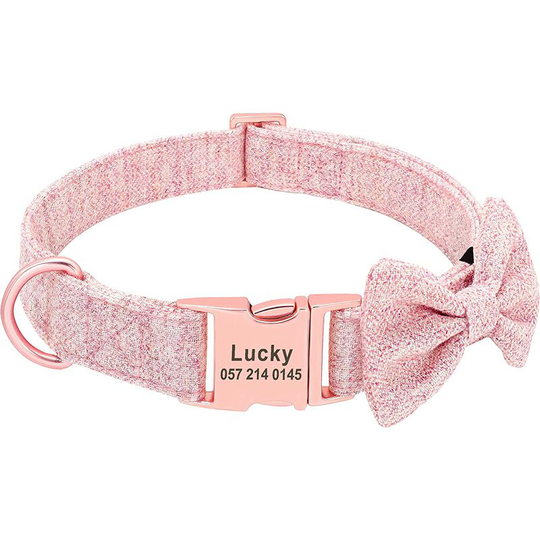 Collar, rose gold bow tie and buckle, personalized girl dog collar with engraved tag, adjustable collar