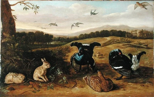 Black Game, Rabbits and Swallows in a Park, C.1700 by Leonard Knyff - Art Print on Paper
