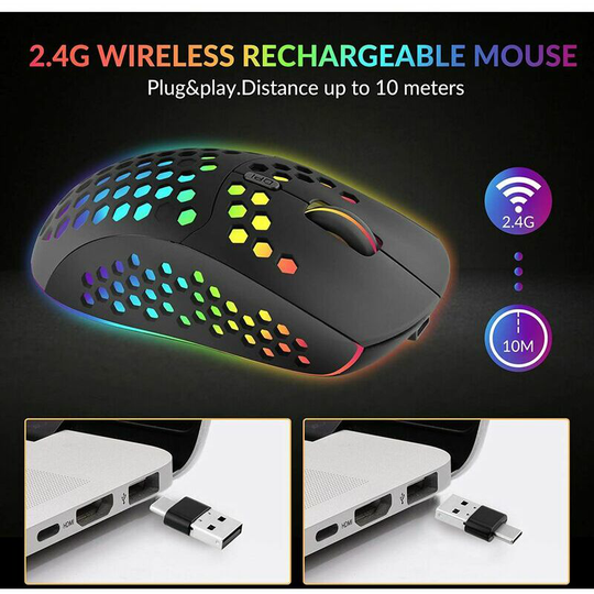 10 Ones led Honeycomb Wireless Mouse, 2 in 1 usb and Type-C Receiver Rechargeable Computer Mouse Compatible with Laptop/iPad