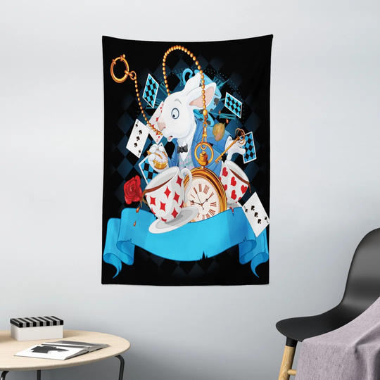 Rabbit Motion Cups Hearts and Flower Character Alice Cartoon Style Wall Hanging