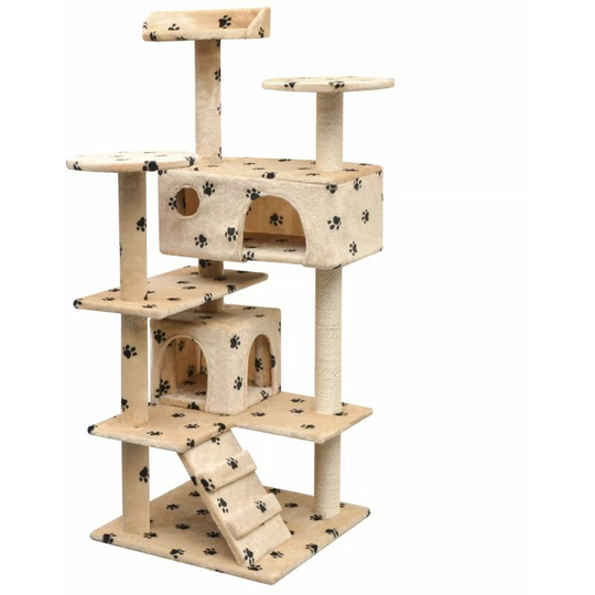 Cat Tree with Sisal Scratching Posts 125 cm Paw Prints Beige VDTD07035 - Topdeal