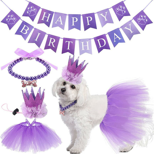 Kartokner - Dog Birthday Dress Decoration Bone Necklace Crown Set Purple