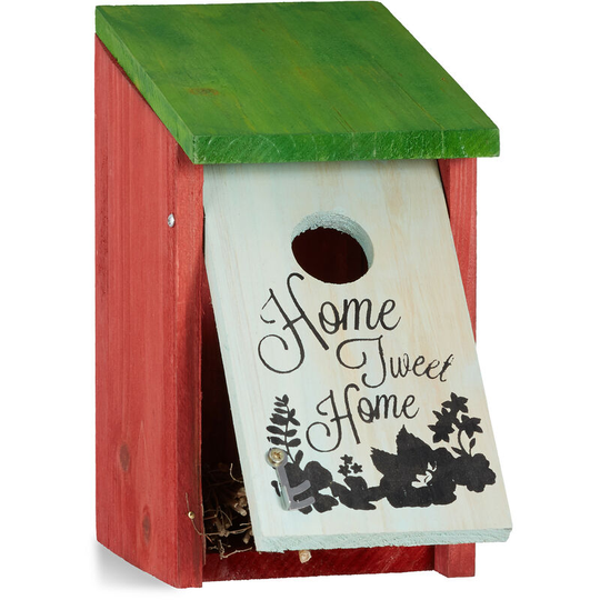 Nesting Box, Small Birds, Home Tweet Home Print, Wooden, Hanging, Decor, HxWxD: 21.5 x 12 x 15.2 cm, Red-Green - Relaxdays