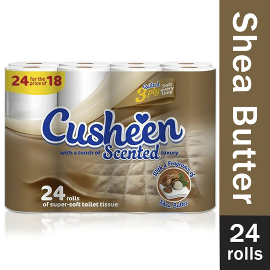 Cusheen Quilted Shea Butter 3 Ply Toilet Paper Rolls, 24 Rolls