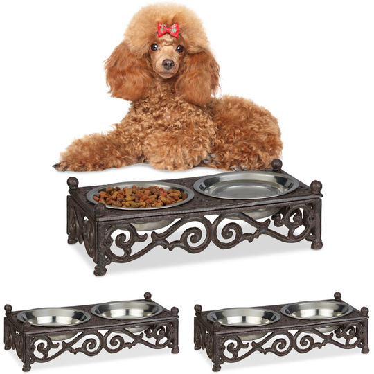 3x Relaxdays Antique-Style Dog Bowl Set, Small Dogs, Cast Iron, Double Stainless Steel Trays, 250 ml, Brown
