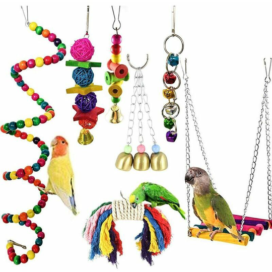 Set of 7 Parrot Toys for Bird Cages, Chewing Swings, Wooden Perches for Conures, Cockatiels, Macaws, Perches and Charming Birds