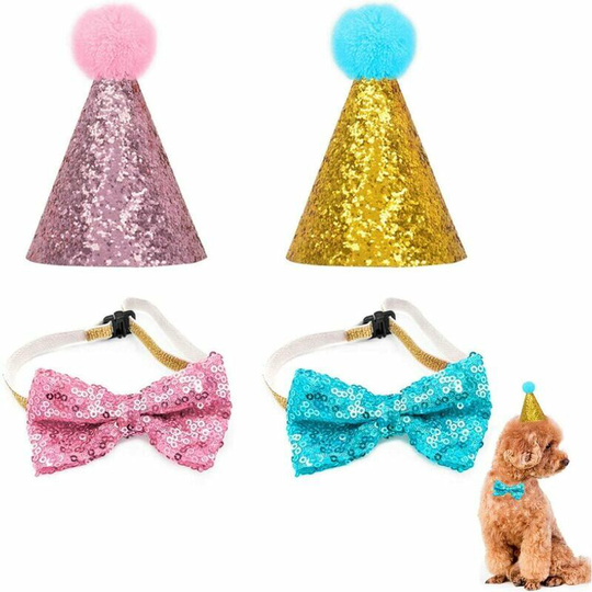 Pet Birthday Hat Sequin Birthday Bow Cute Puppy Hat Decorative Hat with Strap 2 Pieces-