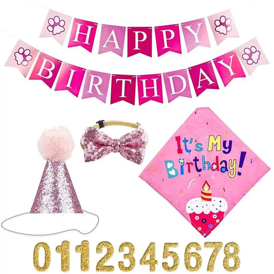 Full Set of 5 Dog Birthday Bandana Hat Banner Triangle Scarves Birthday Party Supplies for Small Medium Dogs Cats Costumes Headwear(Pink)