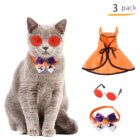 3 Pieces Pet Halloween Costume Pet Cloak for Halloween Party, Pet Cosplay(Horn Cape + Collar + Glasses)