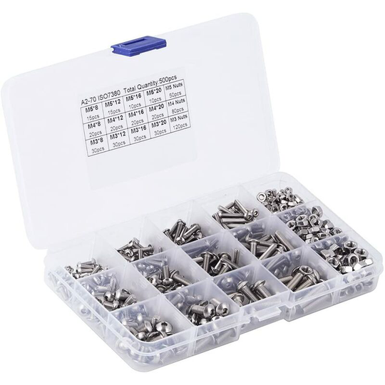 Screw & Nut Kit, 500pcs M3 M4 M5 Stainless Steel Flat Head Bolts Screw & Nut Assortment Kit with Storage Box