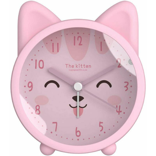 Bearsu - Cute Animal Cat Alarm Clock for Children Silent No Tick Silicone Clock Night Light Travel Clock Pink Smiling Kitten