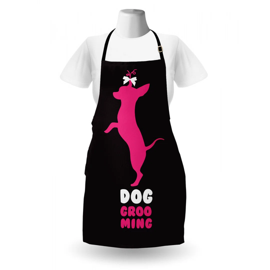 Dog Grooming and Puppy Standing with Funny Hair Bow Apron