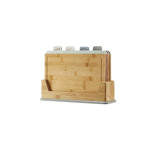 Cooks Professional Index Chopping Board Set of Four Bamboo Wooden Cutting Boards with Storage Case, Colour Coded for Fruit & Vegetables, Raw Meat