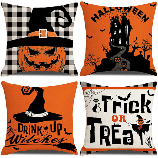 Set of 4 Happy Halloween Throw Pillow Covers 18 x 18 ,Festive Ghost Decorations ,Trick or Treat Pillowcases ,Buffalo Pumpkin for Farmhouse Decorative