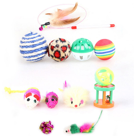 12PCS Cat Toy Interactive Pets Toys Variety Pack Set Including Feather Teaser Fluffy Mouse Crinkle Balls Drum Having Fun Exerciser Playing for Pet
