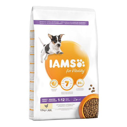 12kg IAMS Vitality Dry Dog Food - 10kg + 2kg Free!* - Puppy & Junior Small & Medium Dog - Chicken (12kg)