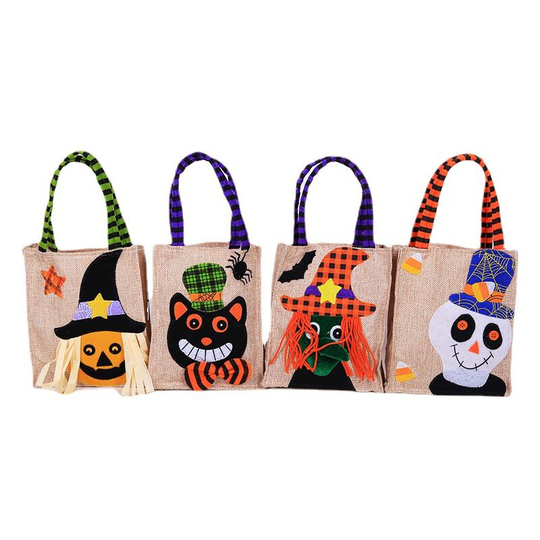 Denuotop - Halloween Gift Bags 4pcs Candy Treats Gift Handbag, Halloween Party Linen Sweet Goody Snacks Bag for Kids Halloween Party Supplies Favor,