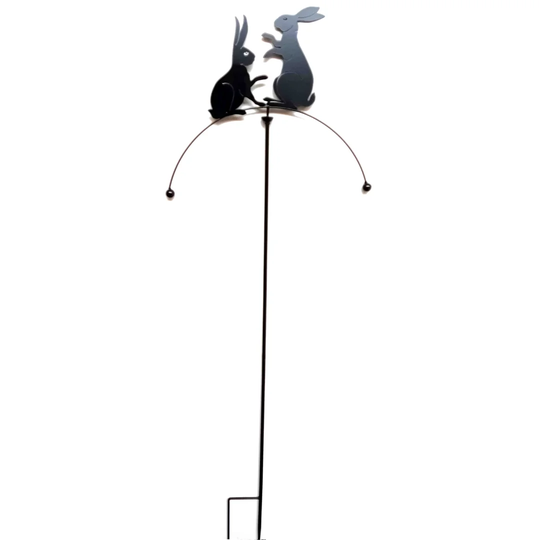 Abisai Playing Rabbit Pair Balancing Metal Wind Spinner Garden Stake